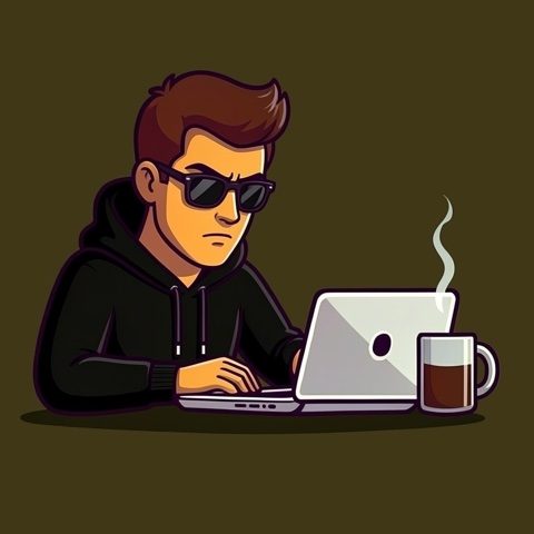 Illustrated avatar of Timothé Stoifl: a developer in sunglasses and a black hoodie at a laptop with a coffee